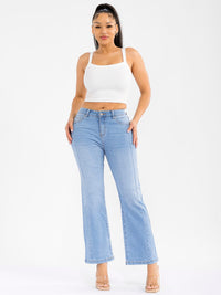 WOMEN'S BUTTON CLOSURE POCKETS WIDE LEG STRETCH DENIM PANTS