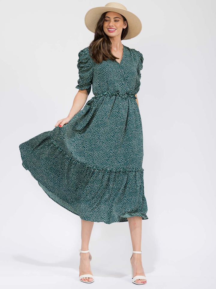 WOMEN'S SHORT RUCHED SLEEVE SURPLICE ELASTIC WAIST POLKA DOTS MAXI DRESS