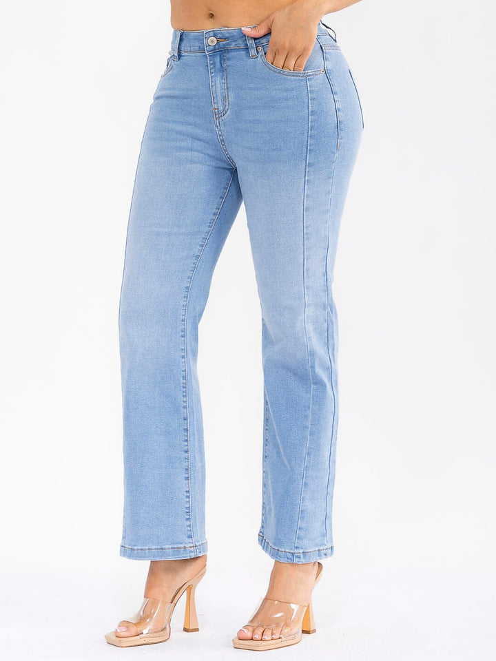 WOMEN'S BUTTON CLOSURE POCKETS WIDE LEG STRETCH DENIM PANTS