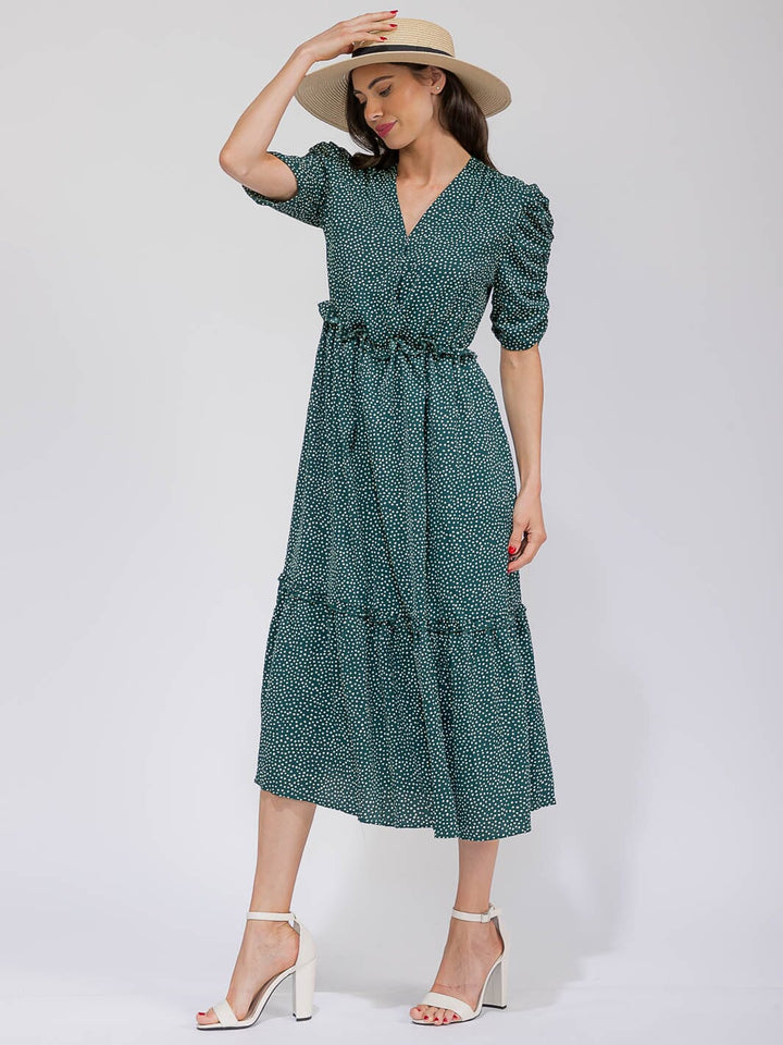 WOMEN'S SHORT RUCHED SLEEVE SURPLICE ELASTIC WAIST POLKA DOTS MAXI DRESS