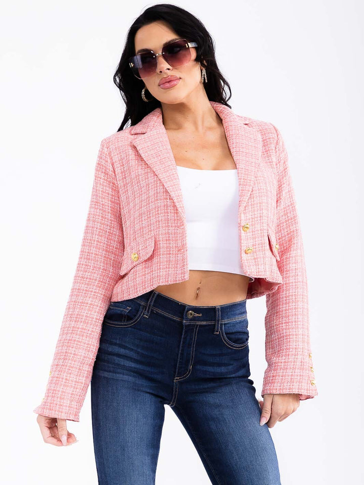 WOMEN'S LONG SLEEVE BUTTON CLOSURE TWEED BLAZER