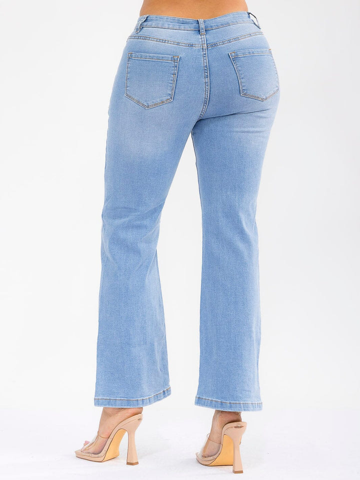 WOMEN'S BUTTON CLOSURE POCKETS WIDE LEG STRETCH DENIM PANTS