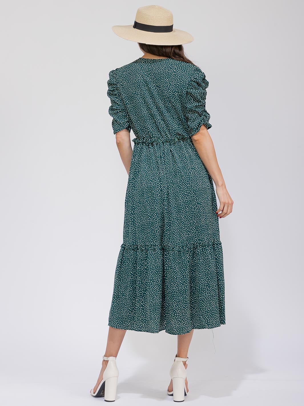 WOMEN'S SHORT RUCHED SLEEVE SURPLICE ELASTIC WAIST POLKA DOTS MAXI DRESS
