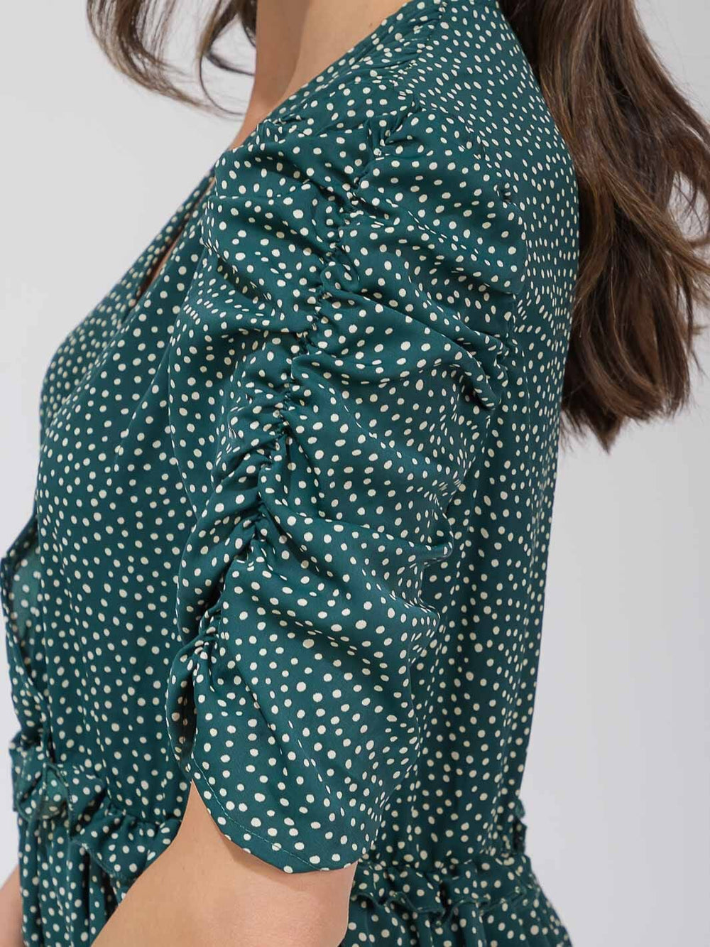 WOMEN'S SHORT RUCHED SLEEVE SURPLICE ELASTIC WAIST POLKA DOTS MAXI DRESS