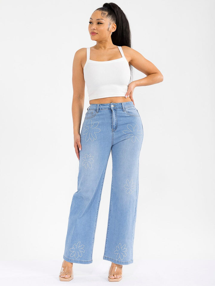 WOMEN'S BUTTON CLOSURE POCKETS STUDS DETAILED WIDE LEG STRETCH DENIM PANTS