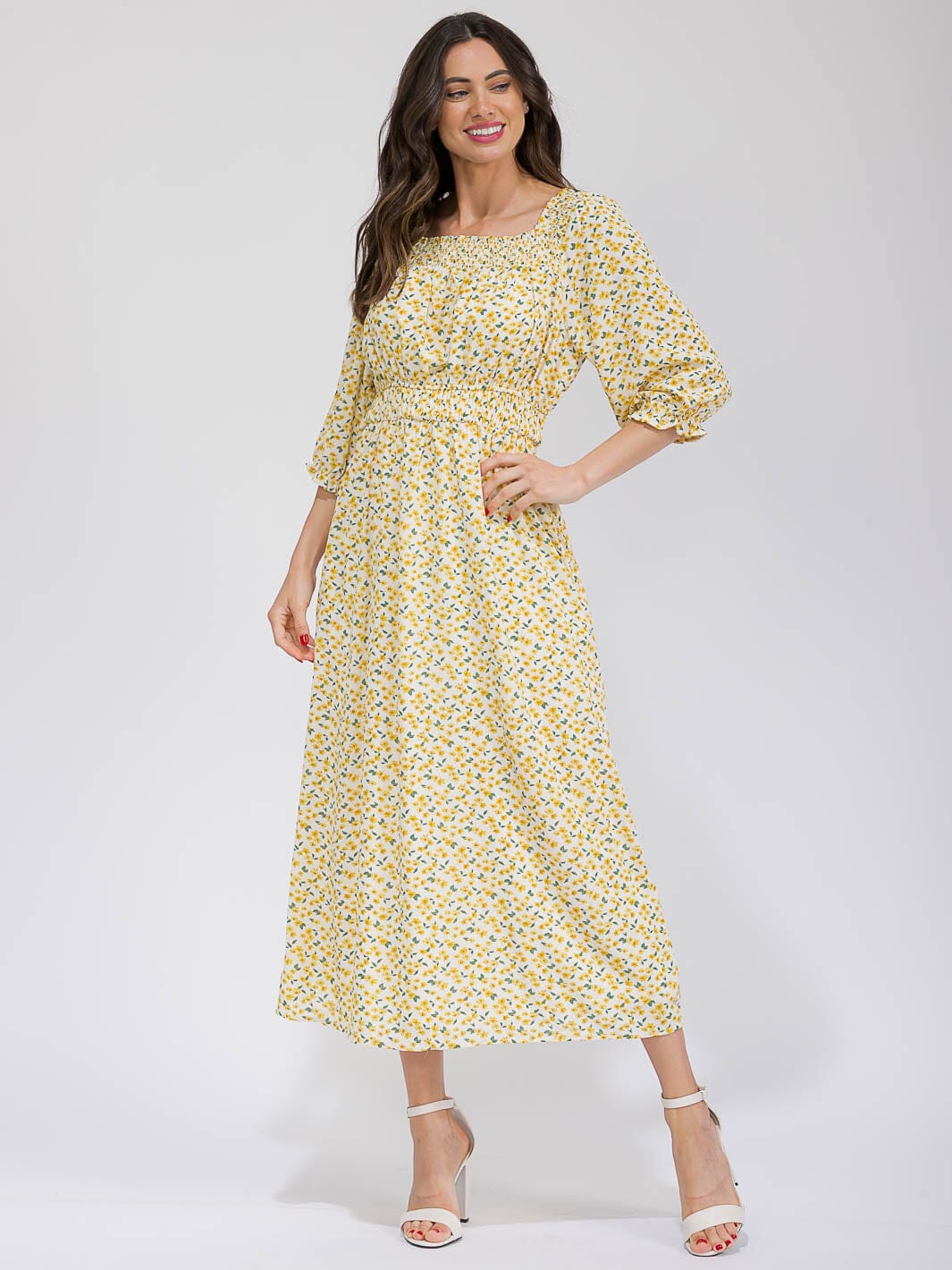WOMEN'S 3/4 SLEEVE FRONT POCKETS ELASTIC WAIST FLORAL MAXI DRESS