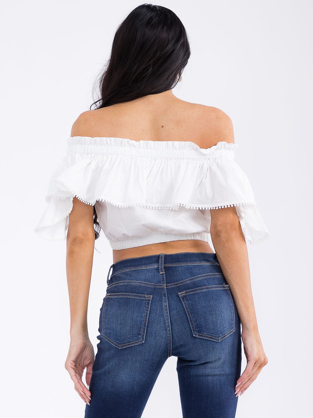 WOMEN'S OFF SHOULDER RUFFLE DETAILED CROP TOP