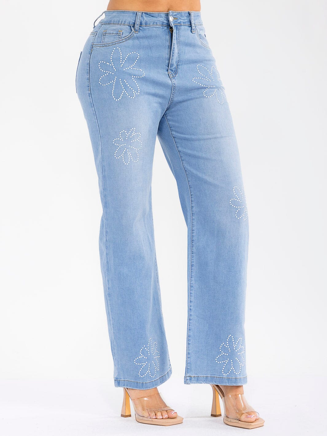 WOMEN'S BUTTON CLOSURE POCKETS STUDS DETAILED WIDE LEG STRETCH DENIM PANTS