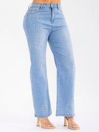 WOMEN'S BUTTON CLOSURE POCKETS STUDS DETAILED WIDE LEG STRETCH DENIM PANTS
