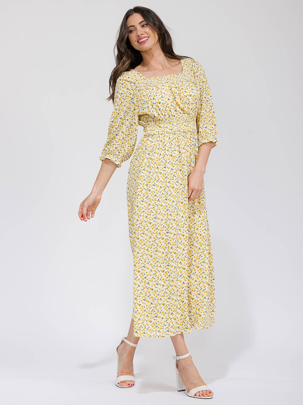 WOMEN'S 3/4 SLEEVE FRONT POCKETS ELASTIC WAIST FLORAL MAXI DRESS