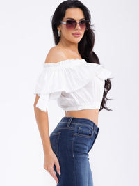 WOMEN'S OFF SHOULDER RUFFLE DETAILED CROP TOP
