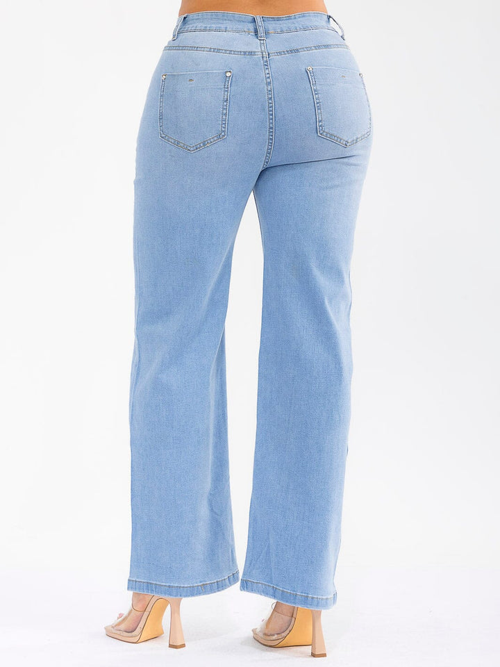 WOMEN'S BUTTON CLOSURE POCKETS STUDS DETAILED WIDE LEG STRETCH DENIM PANTS