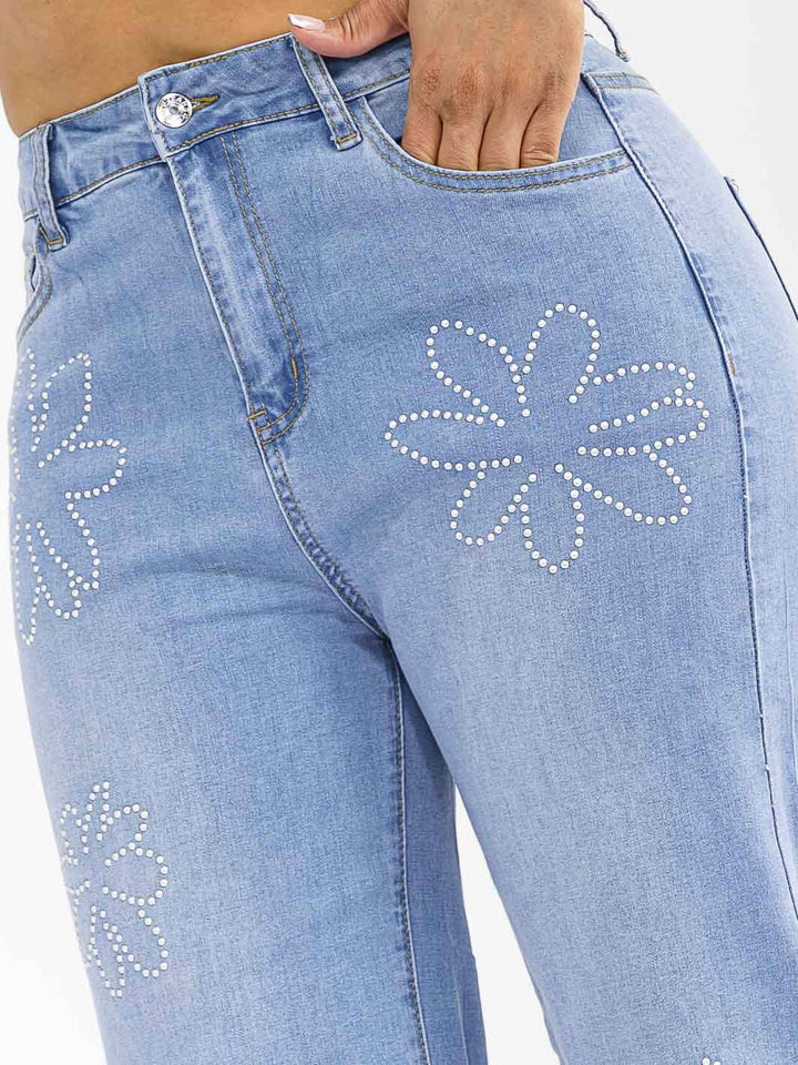 WOMEN'S BUTTON CLOSURE POCKETS STUDS DETAILED WIDE LEG STRETCH DENIM PANTS