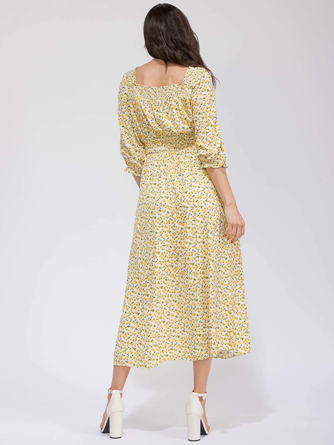 WOMEN'S 3/4 SLEEVE FRONT POCKETS ELASTIC WAIST FLORAL MAXI DRESS