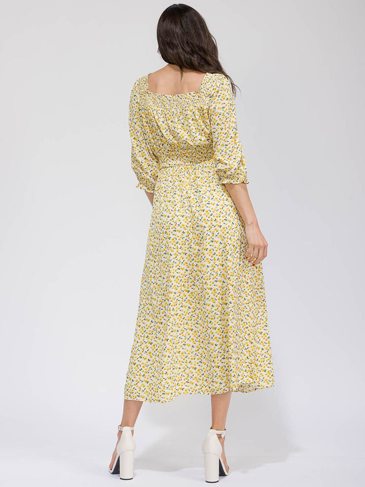 WOMEN'S 3/4 SLEEVE FRONT POCKETS ELASTIC WAIST FLORAL MAXI DRESS