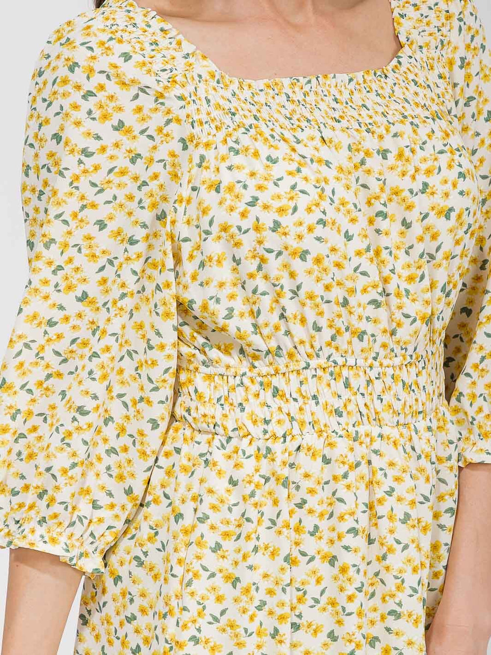 WOMEN'S 3/4 SLEEVE FRONT POCKETS ELASTIC WAIST FLORAL MAXI DRESS