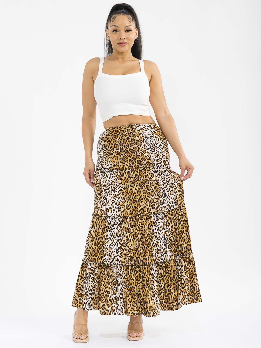 WOMEN'S ELASTIC WAIST TIERED ANIMAL PRINT MAXI SKIRT