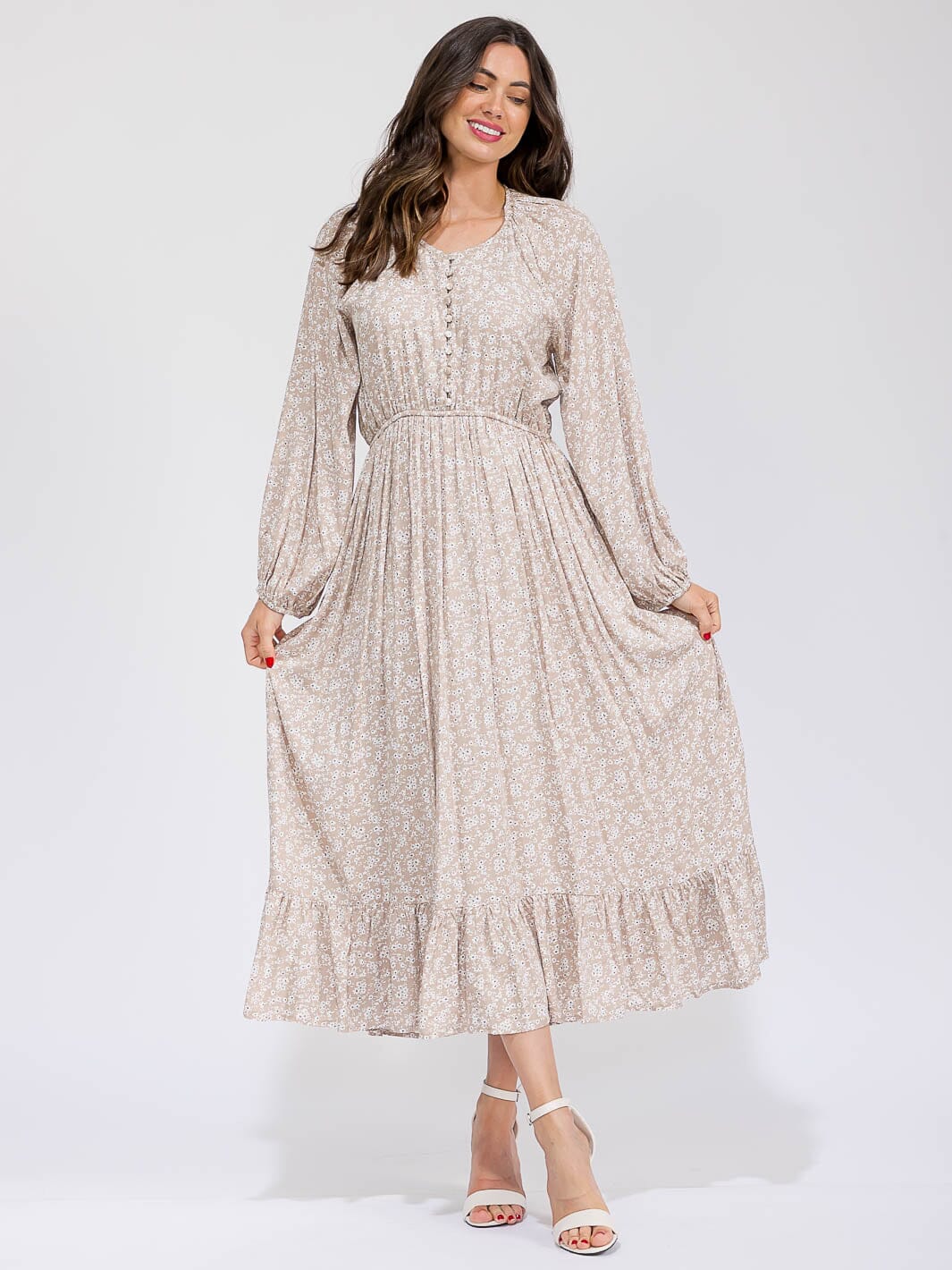 WOMEN'S LONG SLEEVE BUTTON UP POCKETS ELASTIC WAIST FLORAL MAXI DRESS