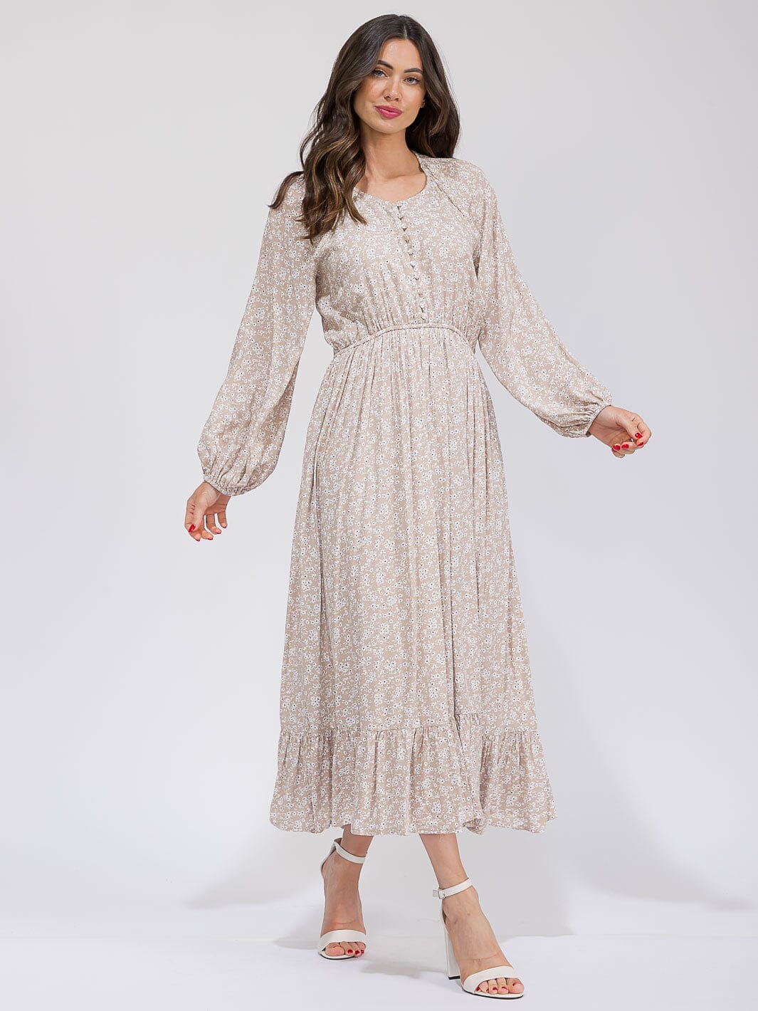 WOMEN'S LONG SLEEVE BUTTON UP POCKETS ELASTIC WAIST FLORAL MAXI DRESS