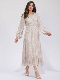 WOMEN'S LONG SLEEVE BUTTON UP POCKETS ELASTIC WAIST FLORAL MAXI DRESS