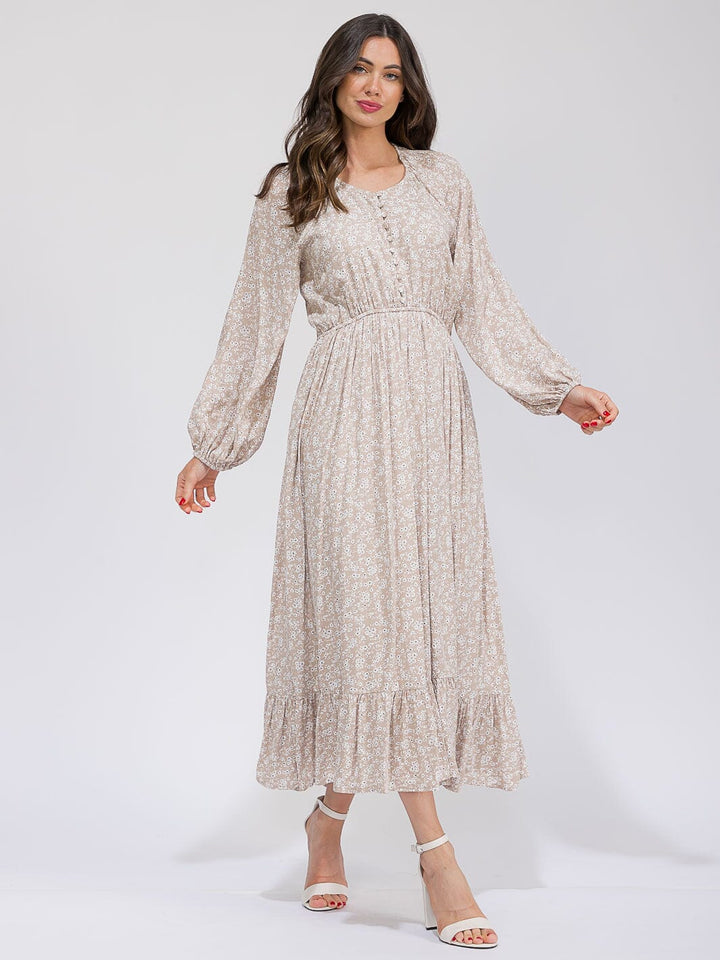 WOMEN'S LONG SLEEVE BUTTON UP POCKETS ELASTIC WAIST FLORAL MAXI DRESS