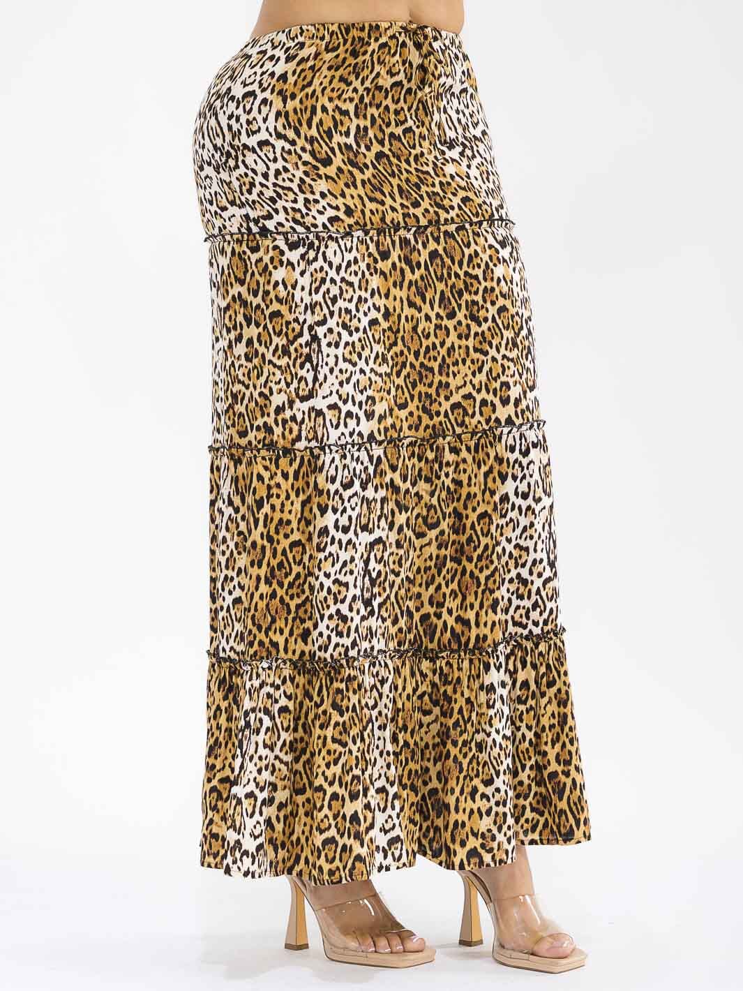 WOMEN'S ELASTIC WAIST TIERED ANIMAL PRINT MAXI SKIRT