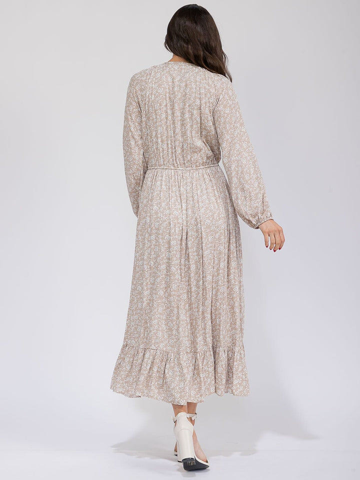 WOMEN'S LONG SLEEVE BUTTON UP POCKETS ELASTIC WAIST FLORAL MAXI DRESS