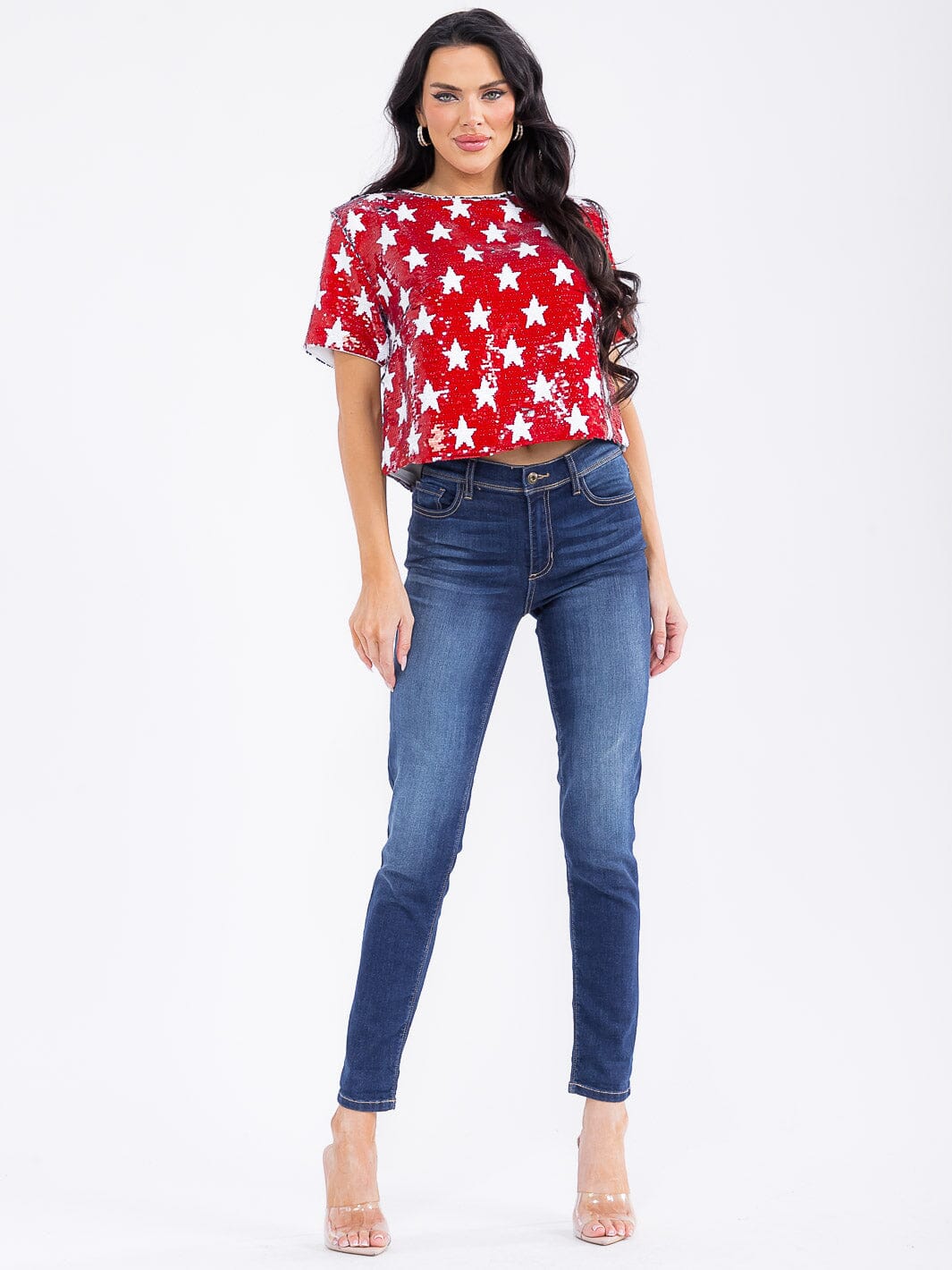 WOMEN'S SHORT SLEEVE STARS PRINT SEQUINS BLOUSE