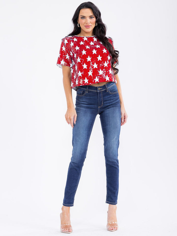 WOMEN'S SHORT SLEEVE STARS PRINT SEQUINS BLOUSE