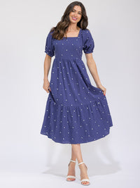 WOMEN'S SHORT SLEEVE SQUARE NECK FRONT POCKETS EMBROIDERY FLOWERS MAXI DRESS