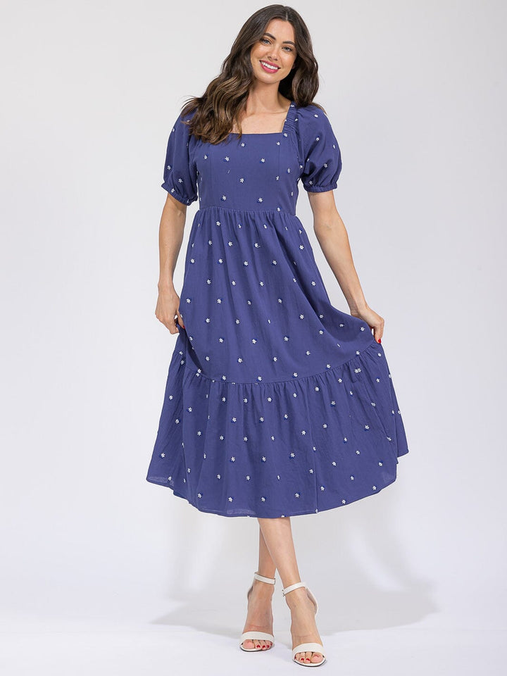 WOMEN'S SHORT SLEEVE SQUARE NECK FRONT POCKETS EMBROIDERY FLOWERS MAXI DRESS