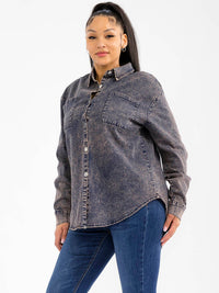 WOMEN'S LONG SLEEVE BUTTON CLOSURE FRONT POCKET HIGH-LOW WASHED JACKET
