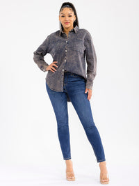 WOMEN'S LONG SLEEVE BUTTON CLOSURE FRONT POCKET HIGH-LOW WASHED JACKET