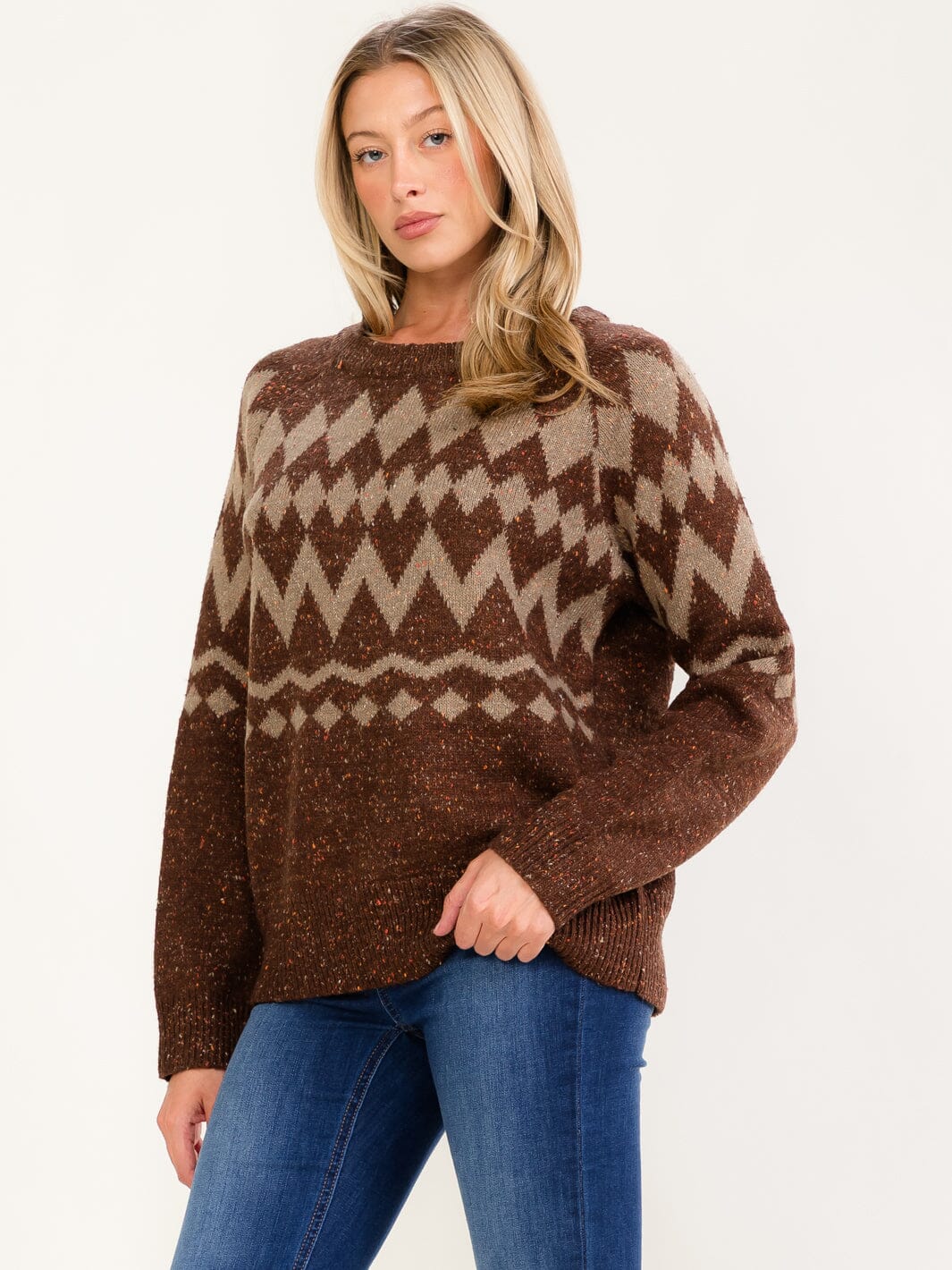 WOMEN'S LONG SLEEVE COLORBLOCK PRINT PULLOVER SWEATER