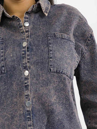 WOMEN'S LONG SLEEVE BUTTON CLOSURE FRONT POCKET HIGH-LOW WASHED JACKET