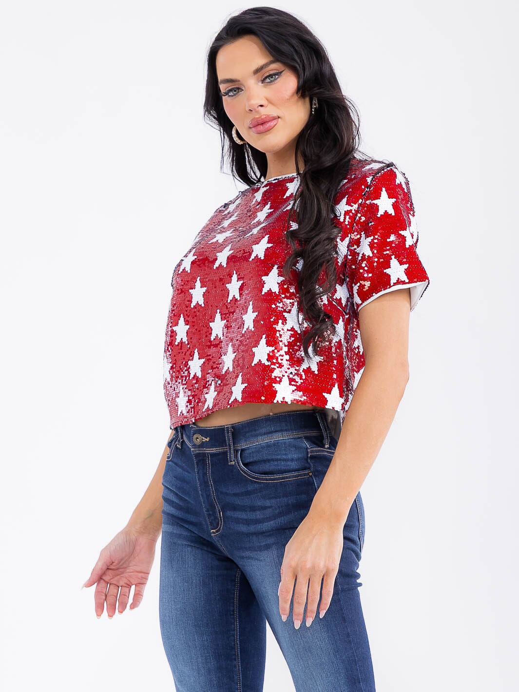 WOMEN'S SHORT SLEEVE STARS PRINT SEQUINS BLOUSE