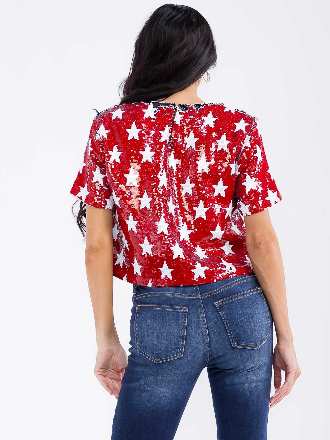 WOMEN'S SHORT SLEEVE STARS PRINT SEQUINS BLOUSE