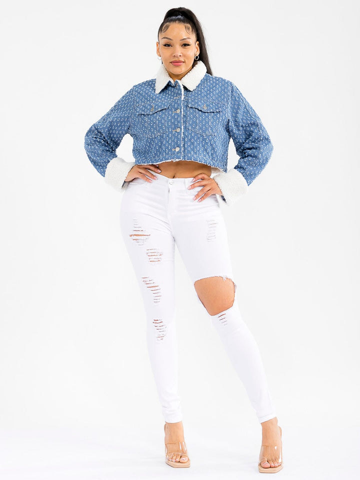 WOMEN'S LONG SLEEVE BUTTON CLOSURE FRONT POCKET DENIM SHERPA JACKET