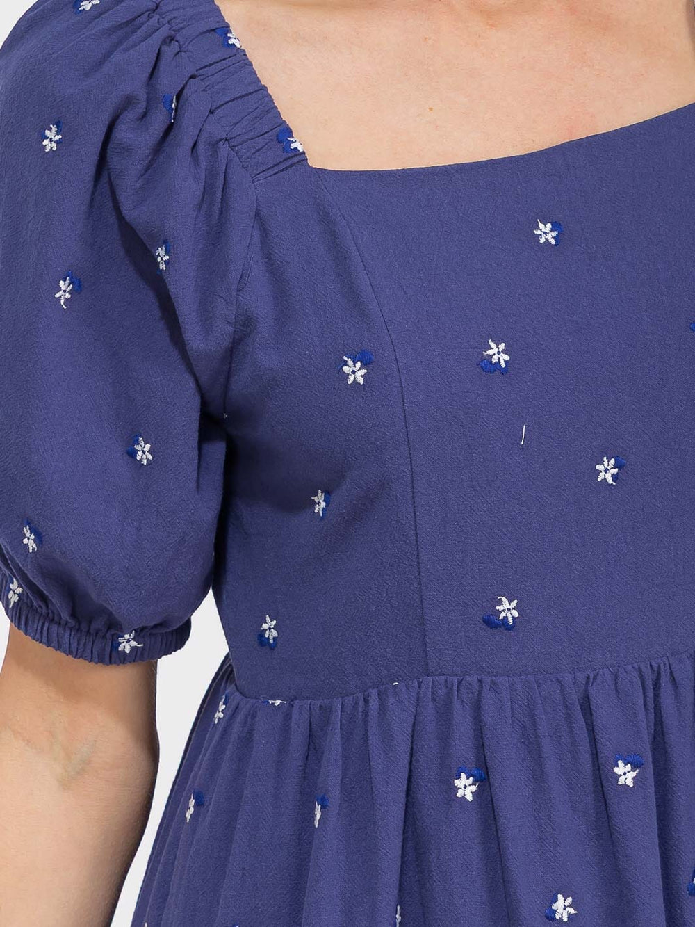 WOMEN'S SHORT SLEEVE SQUARE NECK FRONT POCKETS EMBROIDERY FLOWERS MAXI DRESS