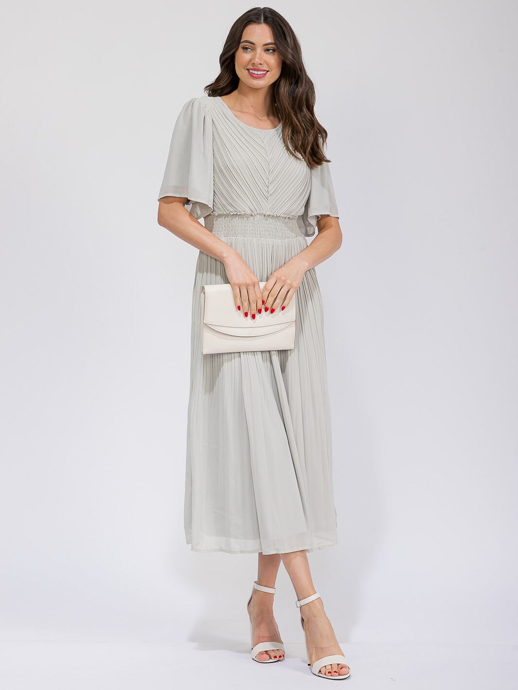 WOMEN'S SHORT SLEEVE SMOCK WAIST PLEATED MAXI DRESS