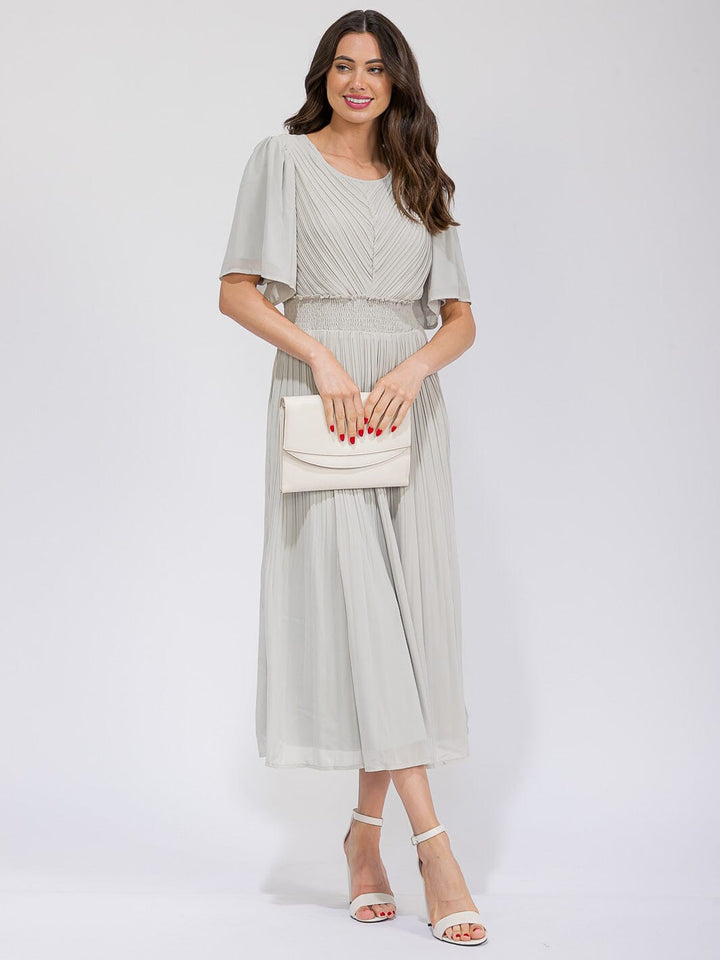 WOMEN'S SHORT SLEEVE SMOCK WAIST PLEATED MAXI DRESS