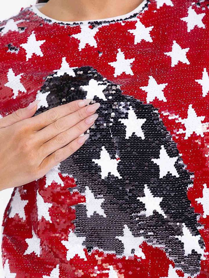 WOMEN'S SHORT SLEEVE STARS PRINT SEQUINS BLOUSE