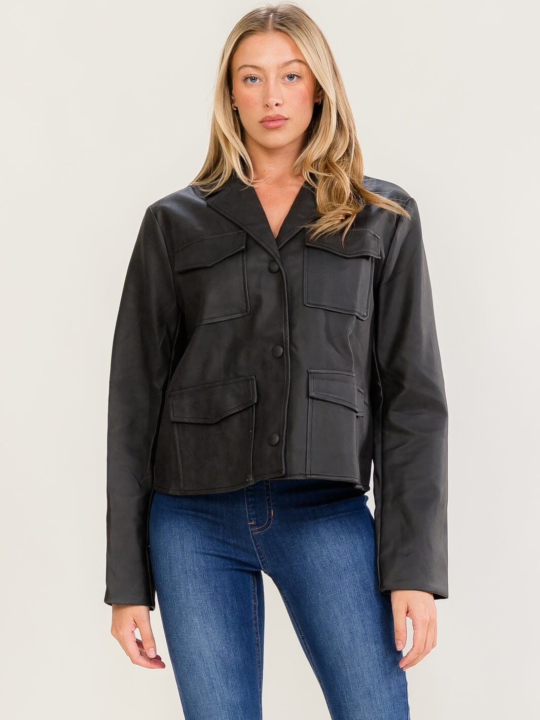 WOMEN'S LONG SLEEVE BUTTON CLOSURE FRONT POCKETS PU PLEATHER JACKETS