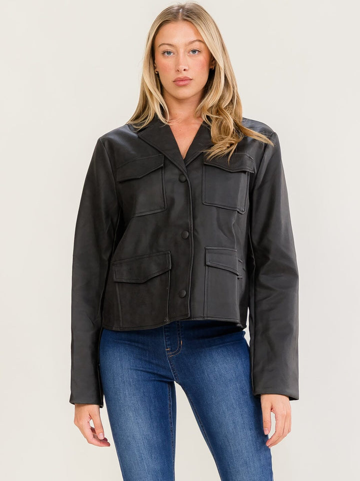 WOMEN'S LONG SLEEVE BUTTON CLOSURE FRONT POCKETS PU PLEATHER JACKETS