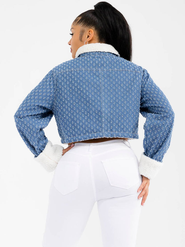 WOMEN'S LONG SLEEVE BUTTON CLOSURE FRONT POCKET DENIM SHERPA JACKET