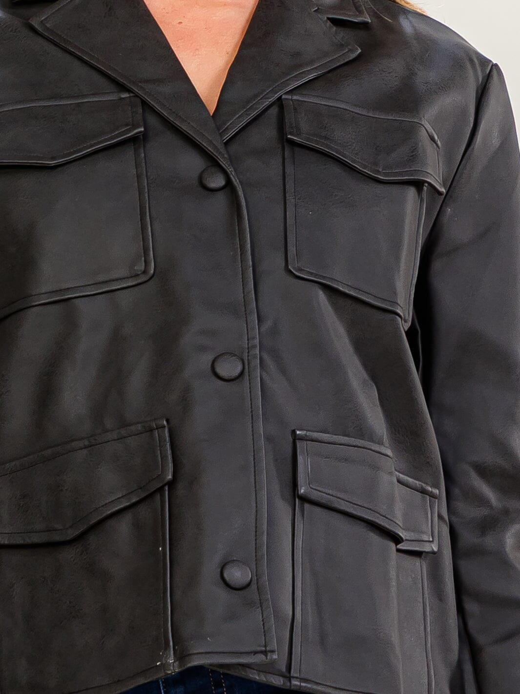 WOMEN'S LONG SLEEVE BUTTON CLOSURE FRONT POCKETS PU PLEATHER JACKETS