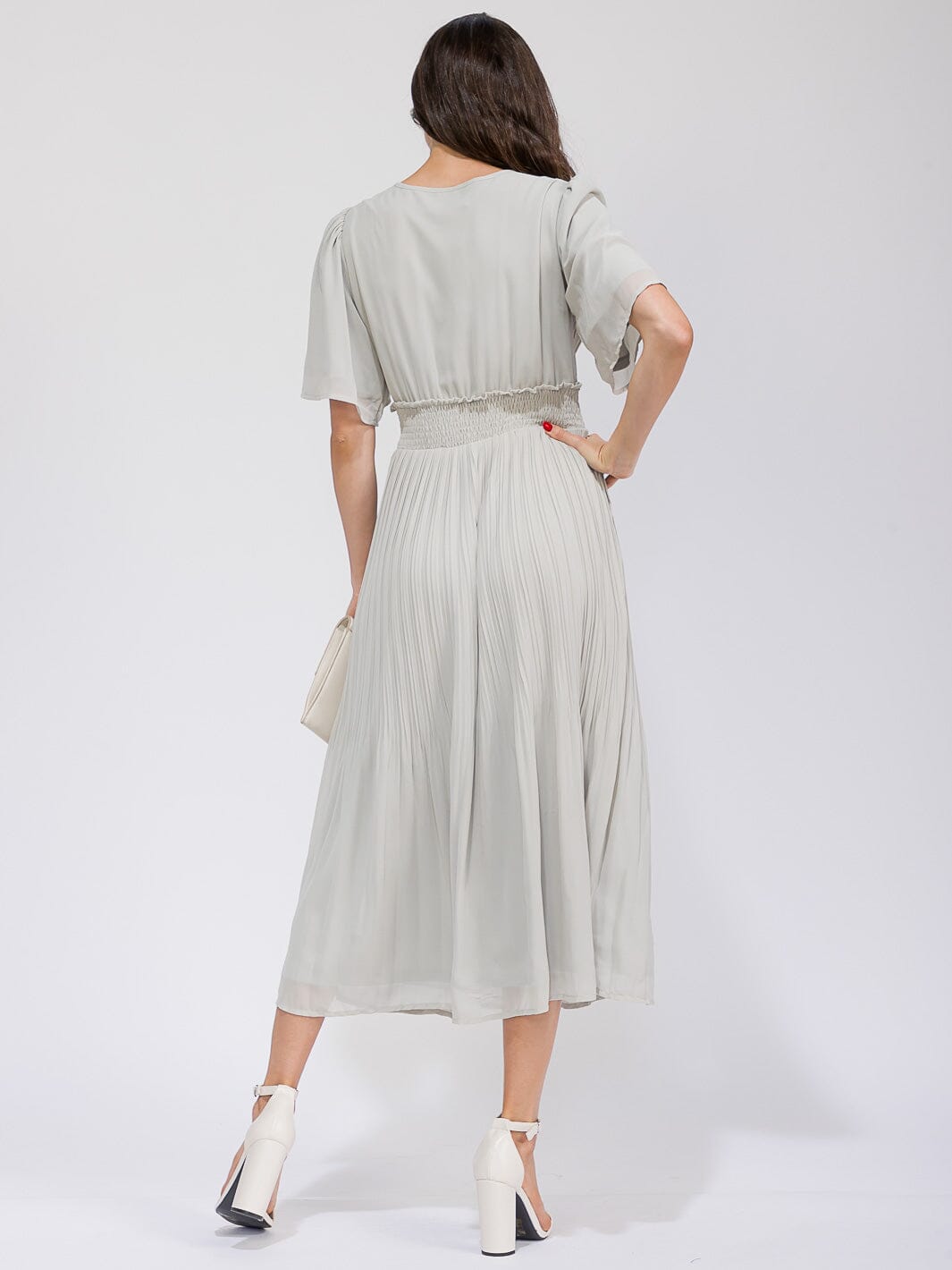 WOMEN'S SHORT SLEEVE SMOCK WAIST PLEATED MAXI DRESS