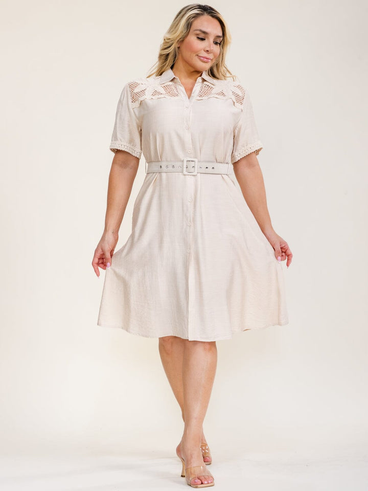 PLUS SIZE SHORT SLEEVE BUTTON UP BELTED CROCHET MINI DRESS