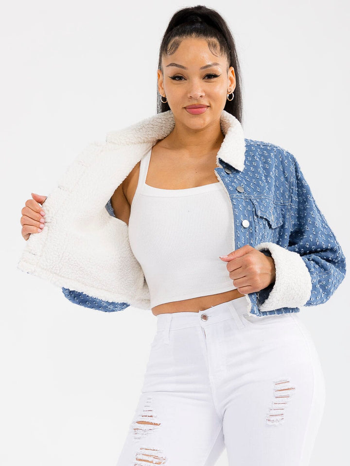 WOMEN'S LONG SLEEVE BUTTON CLOSURE FRONT POCKET DENIM SHERPA JACKET