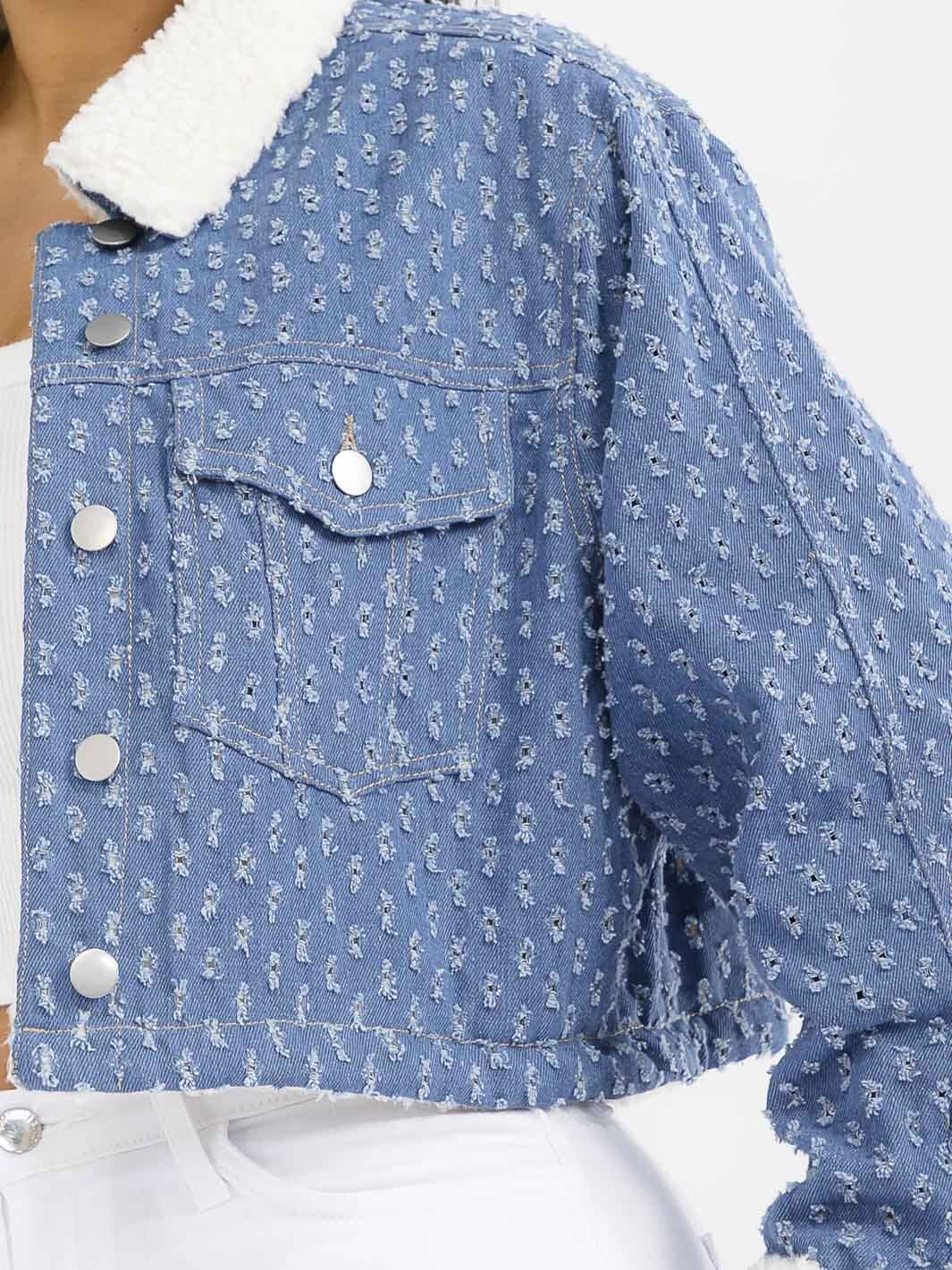 WOMEN'S LONG SLEEVE BUTTON CLOSURE FRONT POCKET DENIM SHERPA JACKET